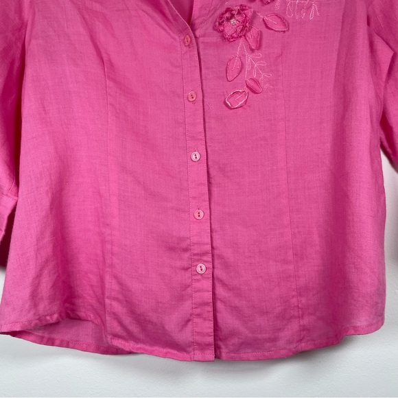 Fred David Petite Pink Linen Button Front 3/4 Sleeve Floral Embroidered Blouse - Picture 4 of 16